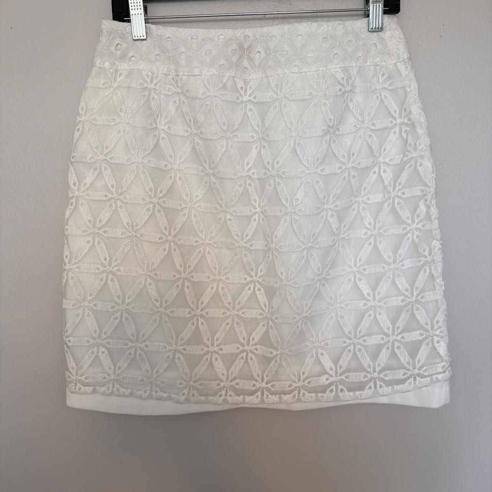 Laundry by‎ Shelli Segal White Eyelet Embroidery Crochet Overlay A Line Skirt 6